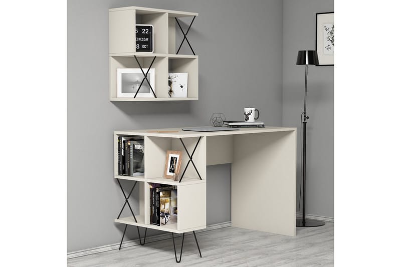 Hovdane Skrivebord 120 cm med Opbevaring Hylde + Bogreol Lil - Cremehvid/Sort - Møbler - Borde - Kontorbord - Skrivebord