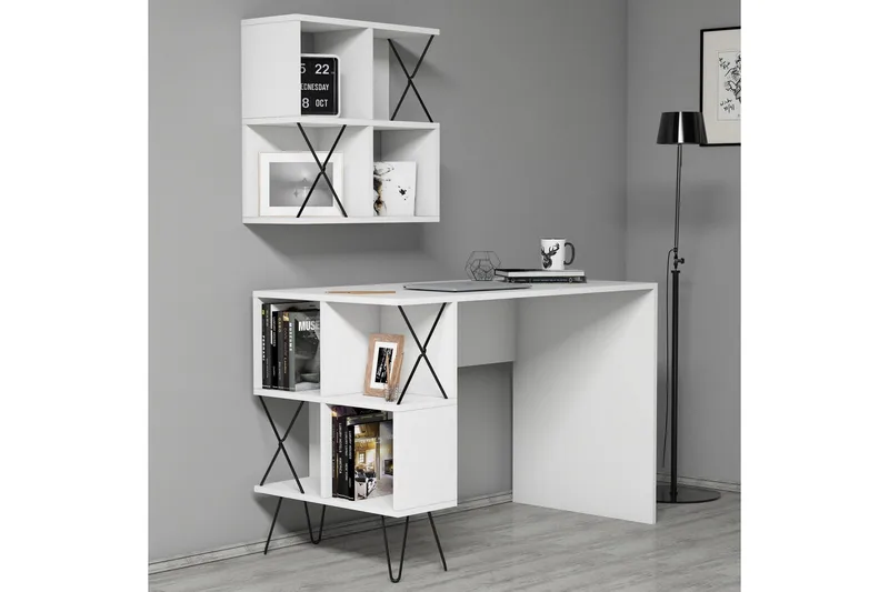 Hovdane Skrivebord 120 cm med Opbevaring Hylde + Bogreol Lil - Hvid/Sort - Møbler - Borde - Kontorbord - Skrivebord