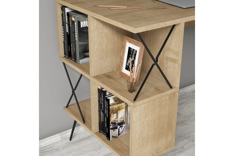 Hovdane Skrivebord 120 cm med Opbevaring Hylde + Bogreol Lil - Lysebrun/Sort - Møbler - Borde - Kontorbord - Skrivebord