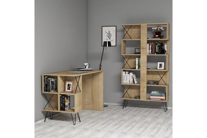 Hovdane Skrivebord 120 cm med Opbevaring Hylde + Bogreol - Lysebrun/Sort - Møbler - Borde - Kontorbord - Skrivebord