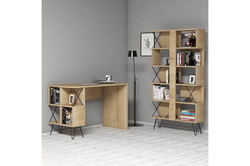 Hovdane Skrivebord 120 cm med Opbevaring Hylde + Bogreol - Lysebrun/Sort - Møbler - Borde - Kontorbord - Skrivebord