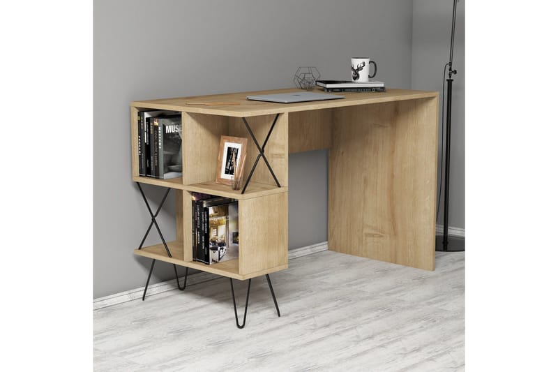 Hovdane Skrivebord 120 cm med Opbevaring Hylde + Bogreol - Lysebrun/Sort - Møbler - Borde - Kontorbord - Skrivebord