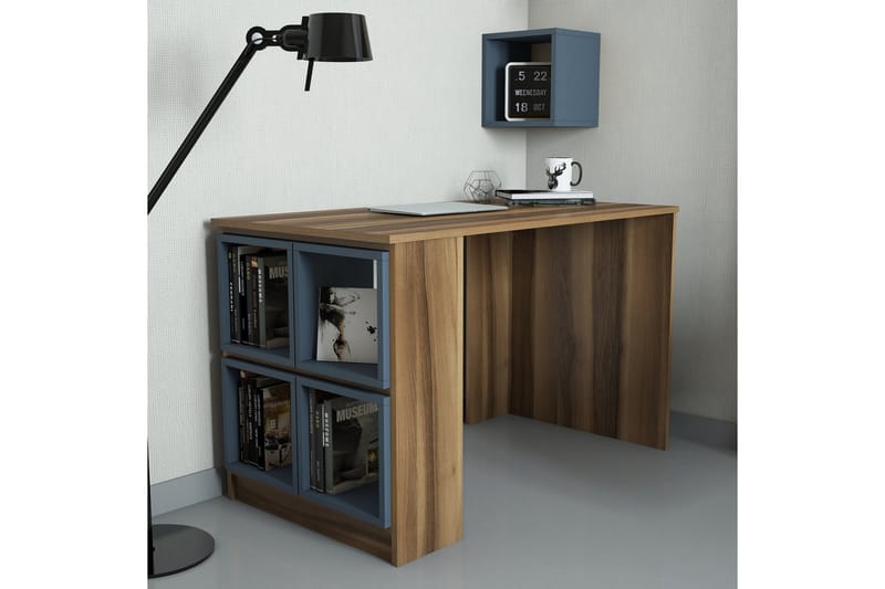 Hovdane Skrivebord 120 cm med Opbevaring Hylde + Væghylde - Brun/Blå - Skrivebord