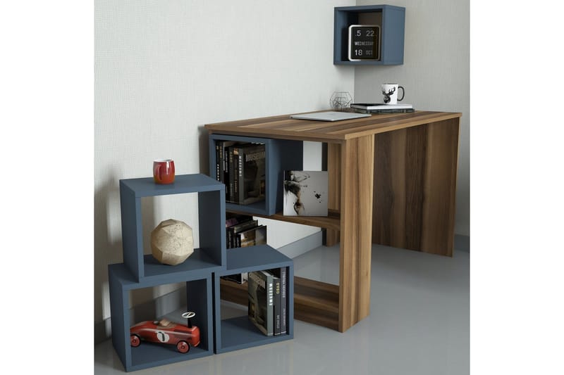 Hovdane Skrivebord 120 cm med Opbevaring Hylde + Væghylde - Brun/Blå - Møbler - Borde - Kontorbord - Skrivebord