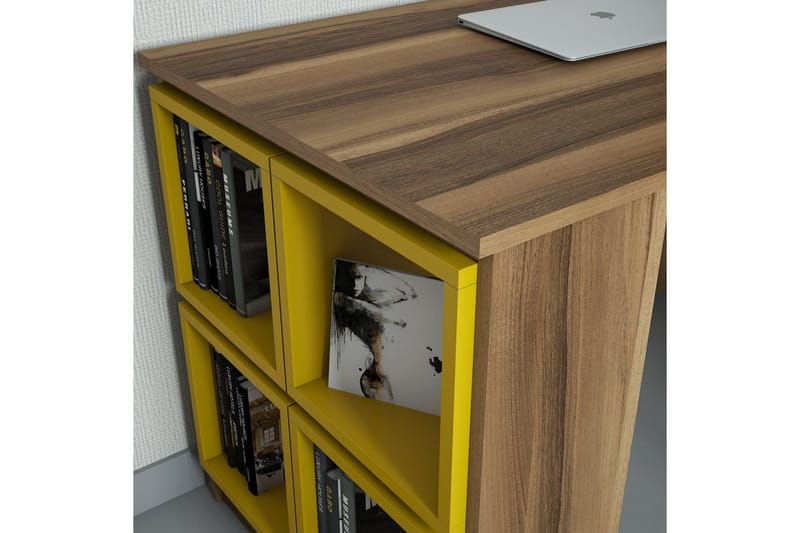 Hovdane Skrivebord 120 cm med Opbevaring Hylde + Væghylde - Brun/Gul - Skrivebord
