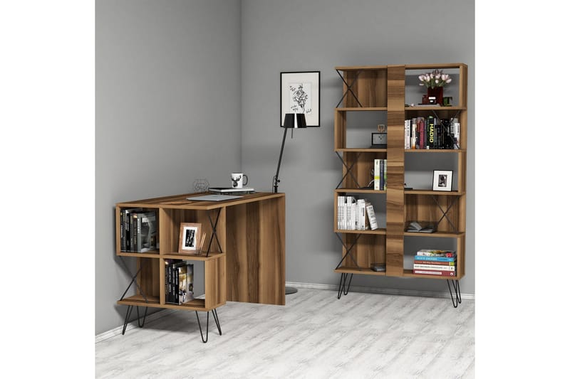 Hovdane Skrivebord 120 cm med Opbevaring Hylde + Bogreol, Brun/Sort