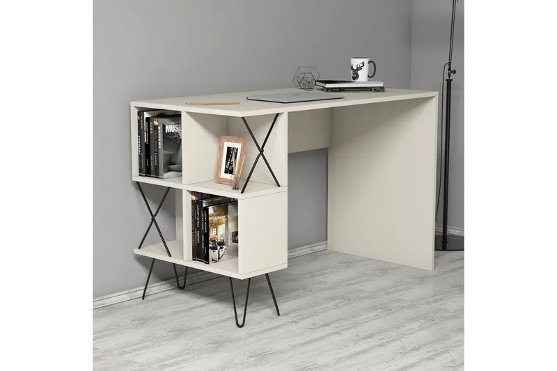 Hovdane Skrivebord 120 cm med Opbevaring Hylde + Bogreol - Cremehvid/Sort - Møbler - Borde - Kontorbord - Skrivebord