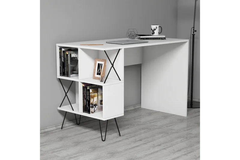 Hovdane Skrivebord 120 cm med Opbevaring Hylde + Bogreol - Hvid/Sort - Møbler - Borde - Kontorbord - Skrivebord