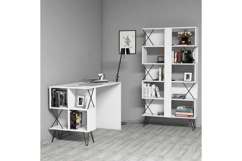 Hovdane Skrivebord 120 cm med Opbevaring Hylde + Bogreol, Hvid/Sort