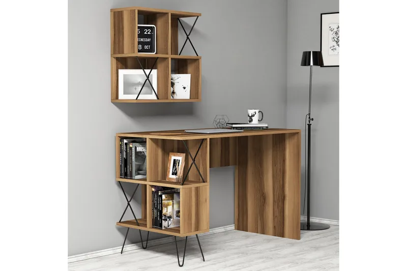 Hovdane Skrivebord 120 cm med Opbevaring Hylde + Bogreol Lil, Brun/Sort