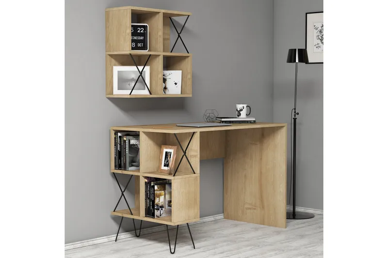 Hovdane Skrivebord 120 cm med Opbevaring Hylde + Bogreol Lil, Lysebrun/Sort
