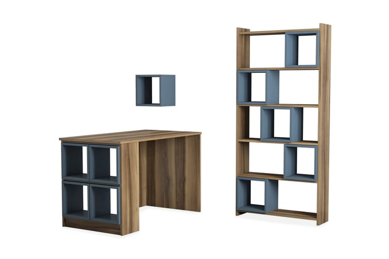 Hovdane Skrivebord 120 cm med Opbevaring Hylde+Væghylde+Bogr - Brun/Blå - Skrivebord