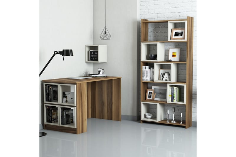 Hovdane Skrivebord 120 cm med Opbevaring Hylde+Væghylde+Bogr - Brun/Cremehvid - Skrivebord