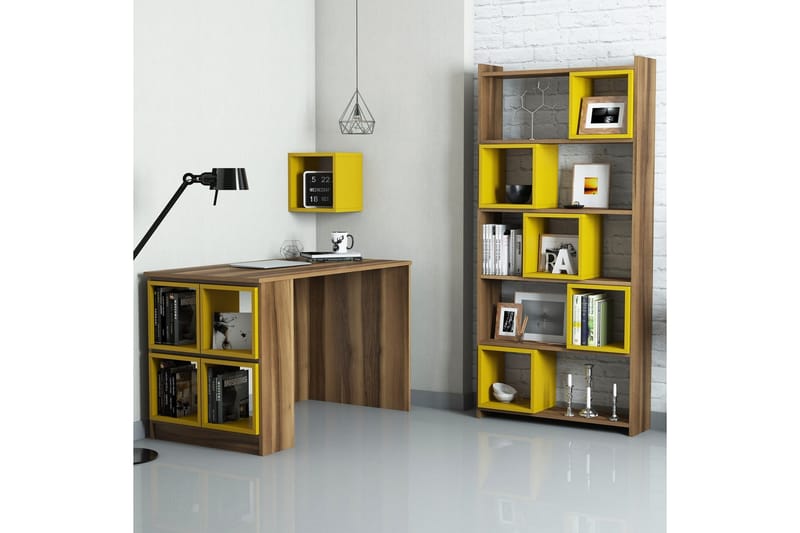 Hovdane Skrivebord 120 cm med Opbevaring Hylde+Væghylde+Bogr - Brun/Gul - Skrivebord