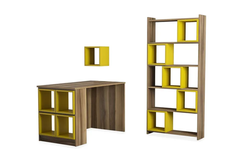 Hovdane Skrivebord 120 cm med Opbevaring Hylde+Væghylde+Bogr, Brun/Gul