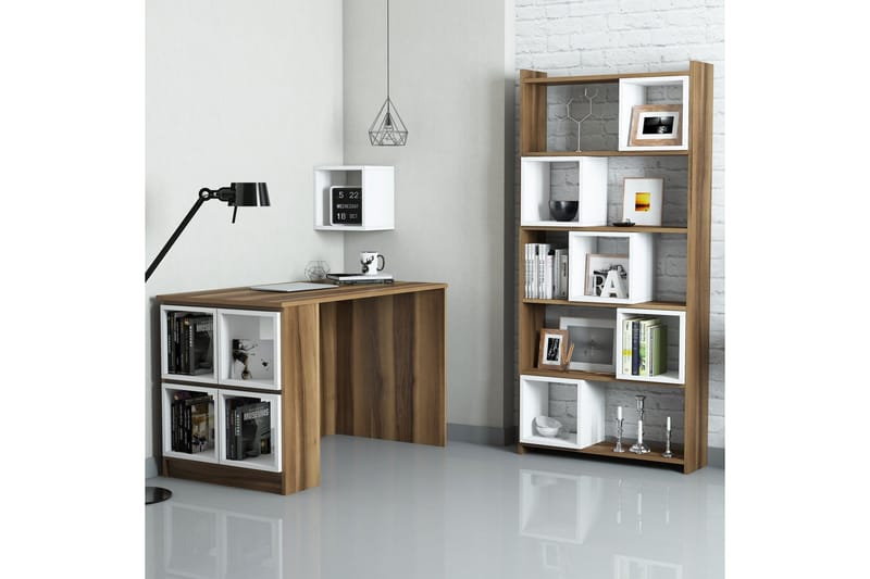 Hovdane Skrivebord 120 cm med Opbevaring Hylde+Væghylde+Bogr - Brun/Hvid - Skrivebord