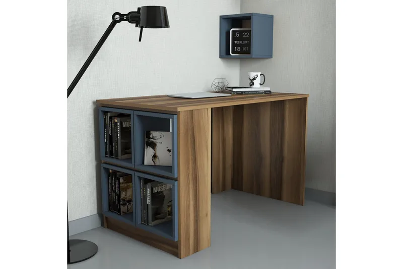 Hovdane Skrivebord 120 cm med Opbevaring Hylde + Væghylde - Brun/Blå - Møbler - Borde - Kontorbord - Skrivebord