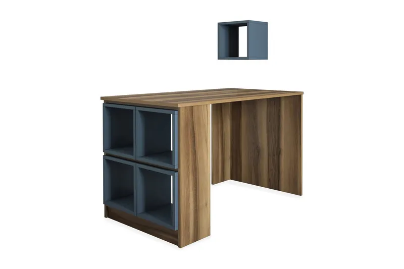 Hovdane Skrivebord 120 cm med Opbevaring Hylde + Væghylde, Brun/Blå