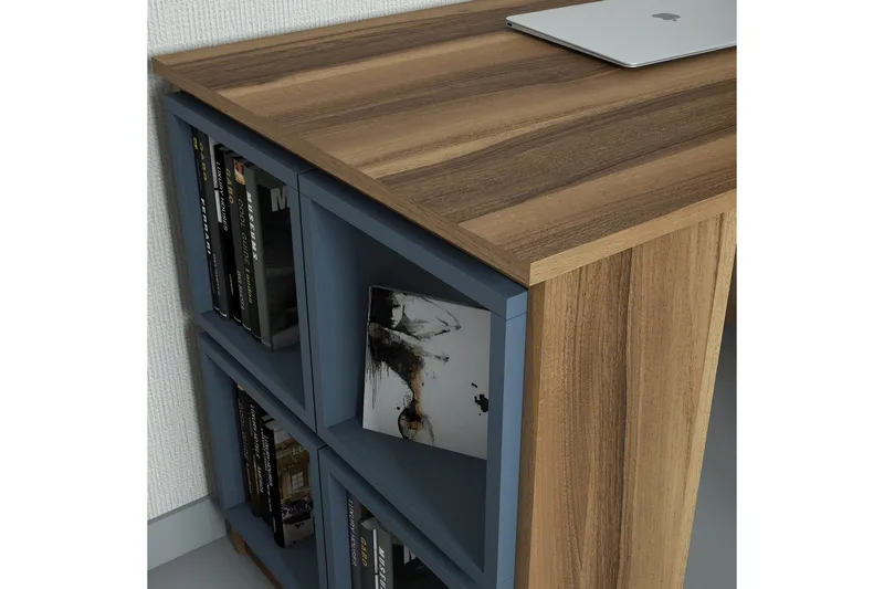Hovdane Skrivebord 120 cm med Opbevaring Hylde + Væghylde - Brun/Blå - Møbler - Borde - Kontorbord - Skrivebord
