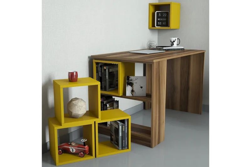 Hovdane Skrivebord 120 cm med Opbevaring Hylde + Væghylde, Brun/Gul