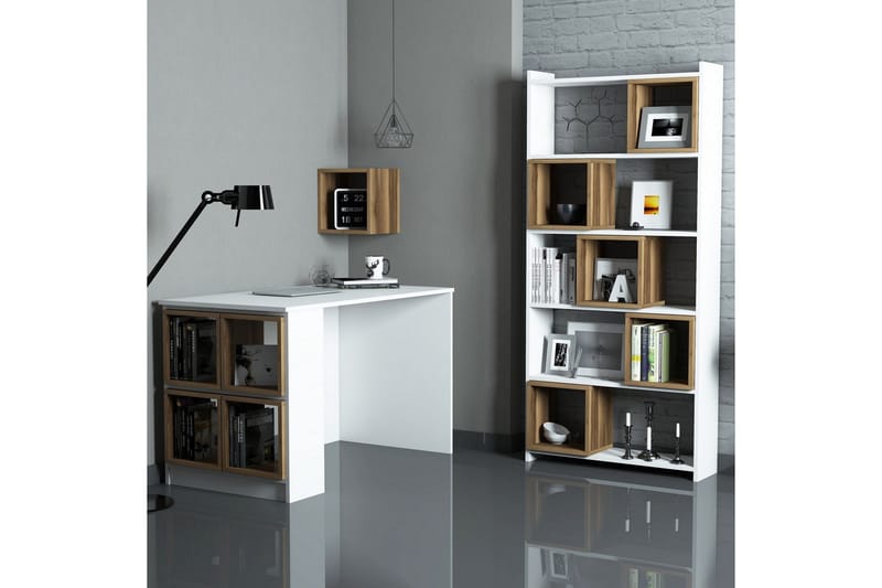 Hovdane Skrivebord 120 cm med Opbevaring + Væghylde +, Hvid/Brun