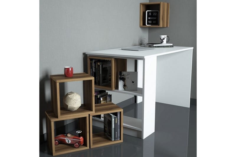 Hovdane Skrivebord 120 cm med Opbevaring + Væghylde + - Hvid/Brun - Møbler - Borde - Kontorbord - Skrivebord