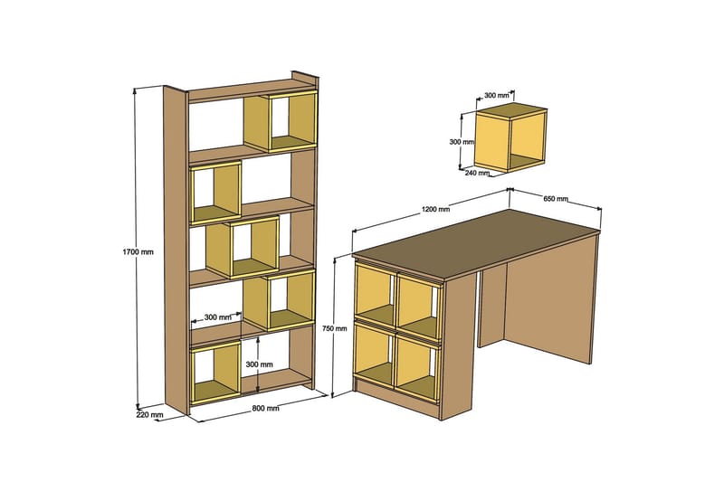 Hovdane Skrivebord 120 cm med Opbevaring + Væghylde + - Hvid/Gul - Møbler - Borde - Kontorbord - Skrivebord