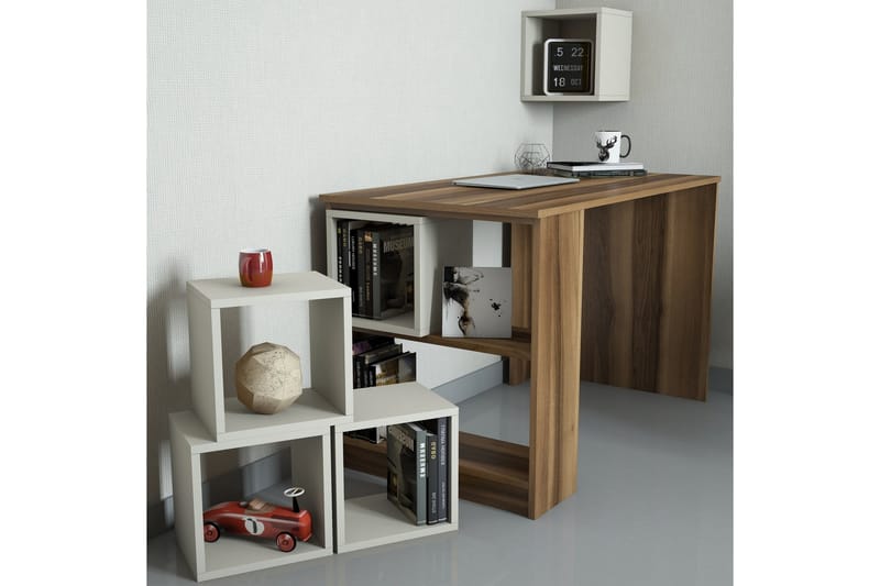 Hovdane Skrivebord 120 med Opbevaring Hylde + Væghylde - Brun/Cremehvid - Skrivebord