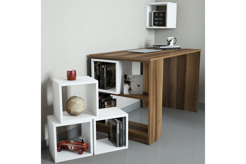 Hovdane Skrivebord 120 med Opbevaring Hylde + Væghylde - Brun/Hvid - Skrivebord