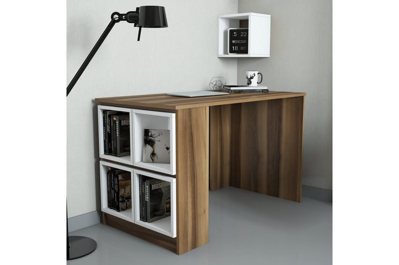 Hovdane Skrivebord 120 med Opbevaring Hylde + Væghylde - Brun/Hvid - Møbler - Borde - Kontorbord - Skrivebord