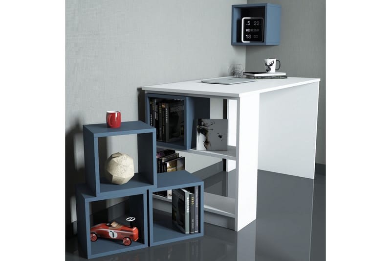 Hovdane Skrivebord 120 med Opbevaring Hylde + Væghylde - Hvid/Blå - Skrivebord