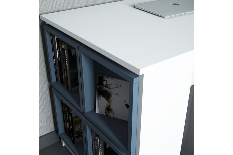 Hovdane Skrivebord 120 med Opbevaring Hylde + Væghylde - Hvid/Blå - Skrivebord