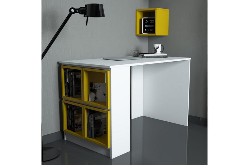 Hovdane Skrivebord 120 med Opbevaring Hylde + Væghylde - Hvid/Gul - Skrivebord
