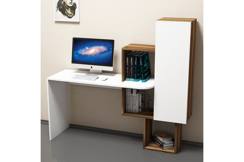 Hovdane Skrivebord 145 cm med Opbevaring Hylder + Skab - Brun/Hvid - Møbler - Borde - Kontorbord - Skrivebord