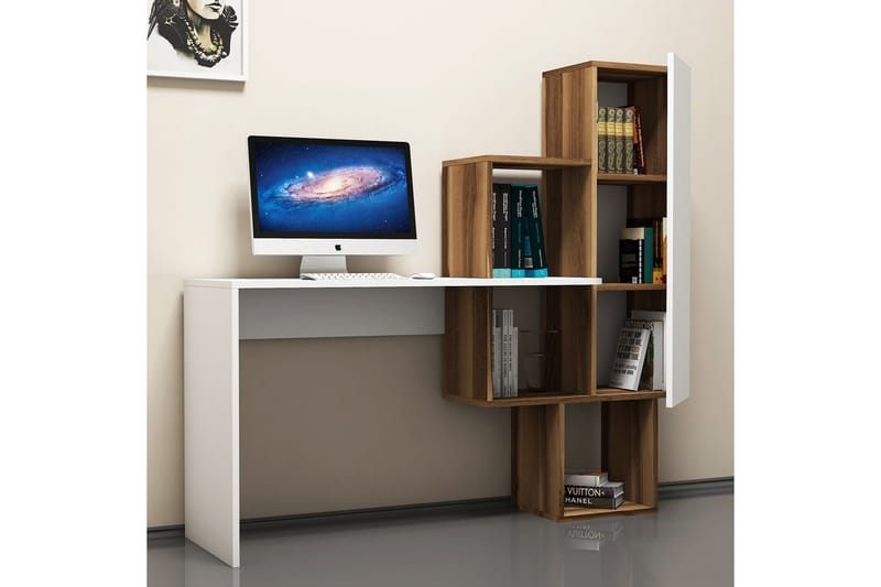 Hovdane Skrivebord 145 cm med Opbevaring Hylder + Skab - Brun/Hvid - Møbler - Borde - Kontorbord - Skrivebord