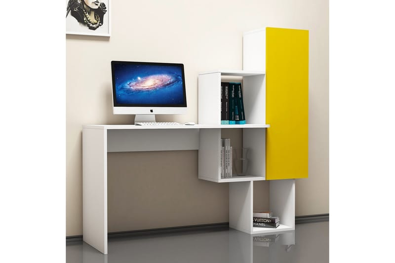 Hovdane Skrivebord 145 cm med Opbevaring Hylder + Skab - Hvid/Gul - Skrivebord
