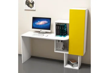 Hovdane Skrivebord 145 cm med Opbevaring Hylder + Skab - Hvid/Gul - Møbler - Borde - Kontorbord - Skrivebord