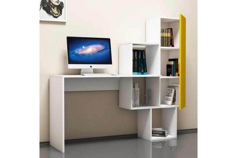 Hovdane Skrivebord 145 cm med Opbevaring Hylder + Skab - Hvid/Gul - Møbler - Borde - Kontorbord - Skrivebord