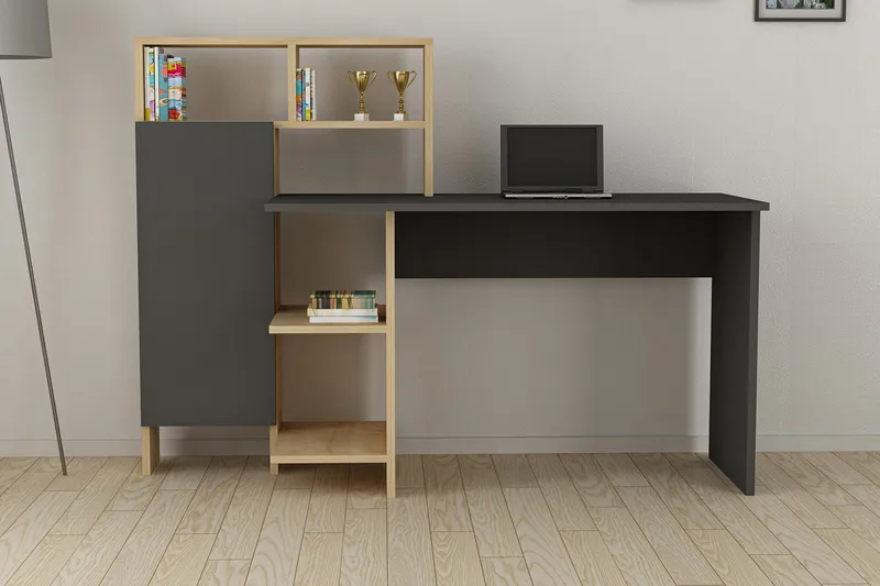 Irbene Skrivebord 135 cm med Opbevaringshylder + Skab - Antracit/Natur - Møbler - Borde - Kontorbord - Skrivebord