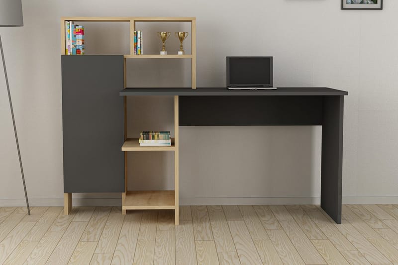 Irbene Skrivebord 135 cm med Opbevaringshylder + Skab - Antracit/Natur - Møbler - Borde - Kontorbord - Skrivebord