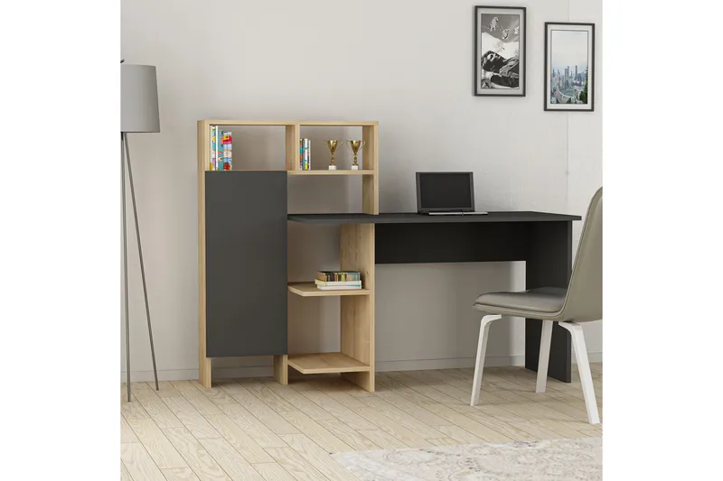 Irbene Skrivebord 135 cm med Opbevaringshylder + Skab - Antracit/Natur - Møbler - Borde - Kontorbord - Skrivebord