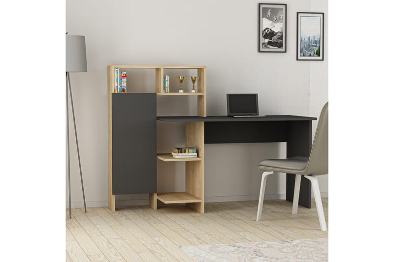 Irbene Skrivebord 135 cm med Opbevaringshylder + Skab - Antracit/Natur - Møbler - Borde - Kontorbord - Skrivebord
