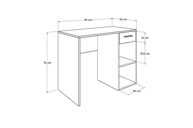 Irbene Skrivebord 90 cm med Opbevaring Skuffe + 2 Hylder - Hvid - Skrivebord