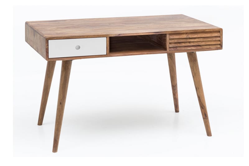 Iviana Skrivebord 117 cm med Opbevaring 2 Skuffer + Hylde - Massivt Træ/Hvid - Skrivebord