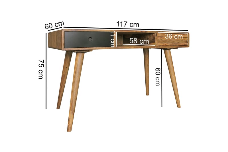 Iviana Skrivebord 117 cm med Opbevaring 2 Skuffer+Hylde - Massivt Træ/Sort - Skrivebord