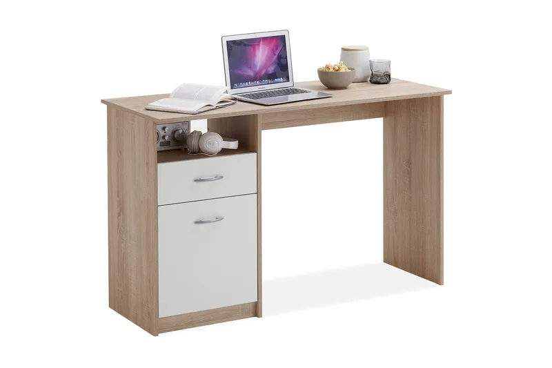 Jackson Skrivebord 123 cm med Opbevaring Hylde + Skuffe + Sk - Hvid/Træ - Møbler - Borde - Kontorbord - Skrivebord