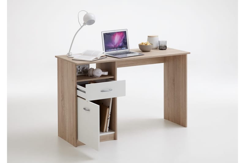 Jackson Skrivebord 123 cm med Opbevaring Hylde + Skuffe + Sk - Hvid/Træ - Møbler - Borde - Kontorbord - Skrivebord