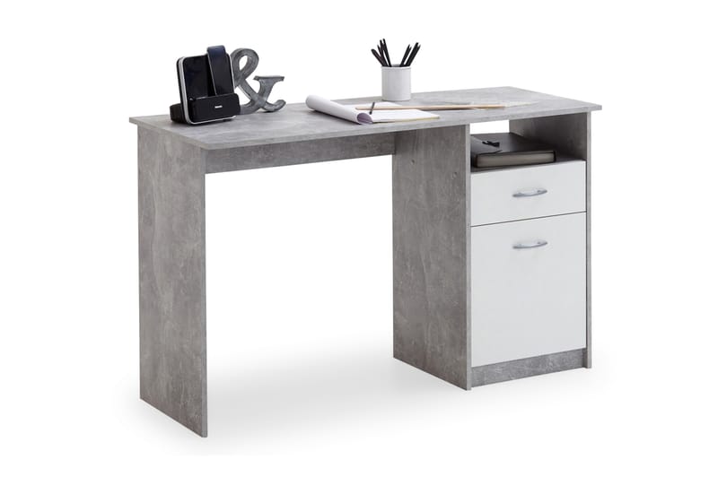 Jackson Skrivebord 123 cm med Opbevaring Skuffe + Skab + Hyl - Betongrå/Hvid - Skrivebord