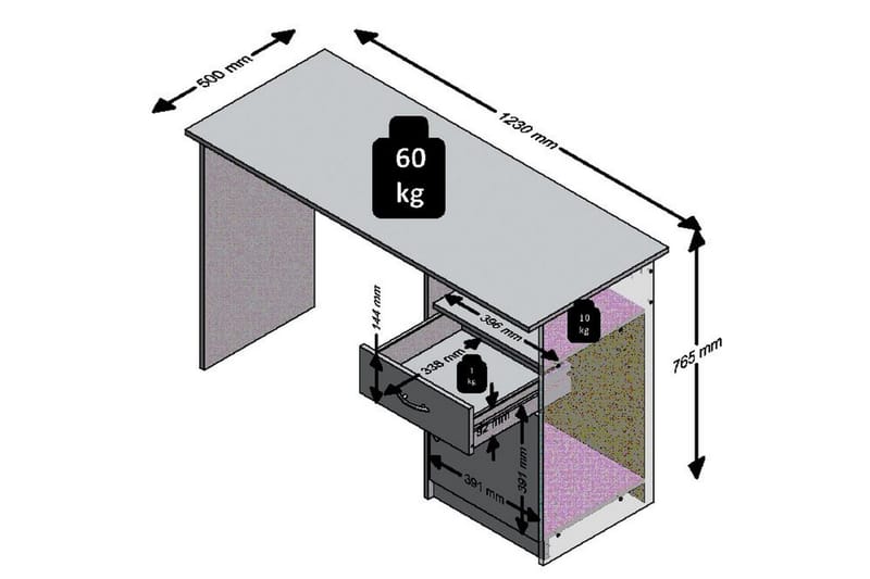 Jackson Skrivebord 123 cm med Opbevaring Skuffe + Skab + Hyl - Betongrå/Hvid - Skrivebord