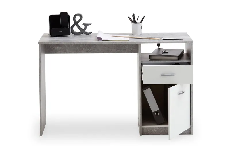 Jackson Skrivebord 123 cm med Opbevaring Skuffe + Skab + Hyl, Betongrå/Hvid